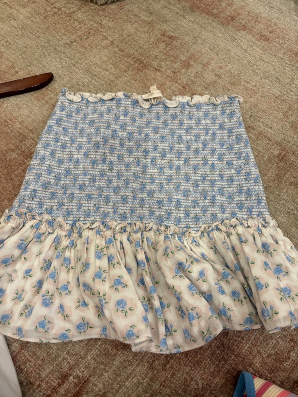LoveShackFancy Blue and Cream Floral Smocked Mini Skirt